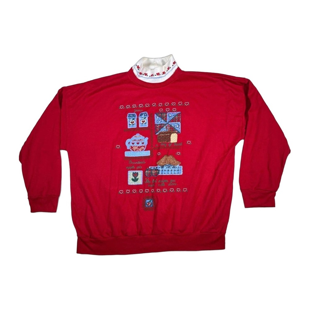 Act III Red Embroidered Mock Neck Sweatshirt XL Cottagecore Hearts Tea Pot Rose